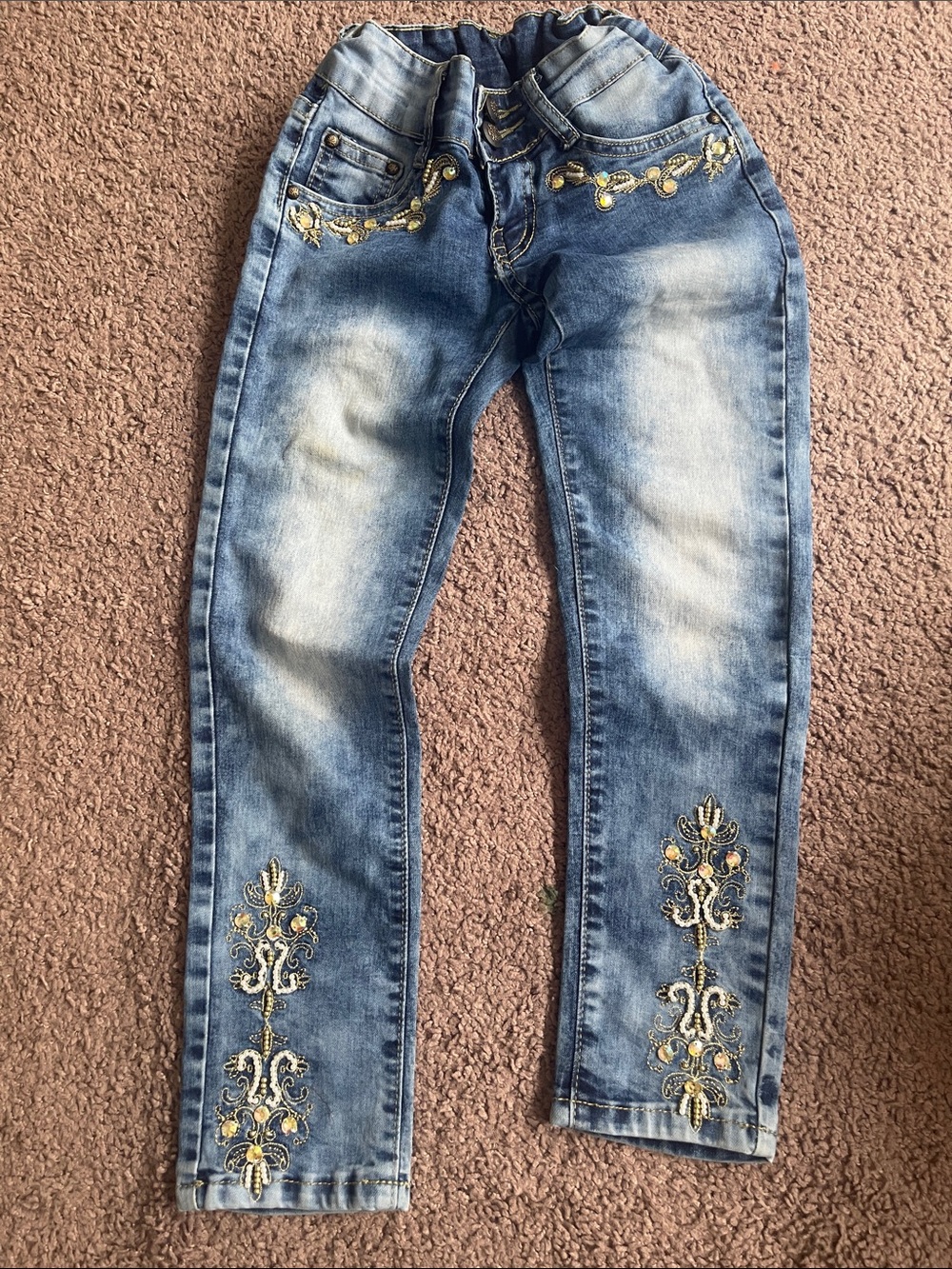 Blue Wash Skinny Jeans with Gold Embroidery for girls